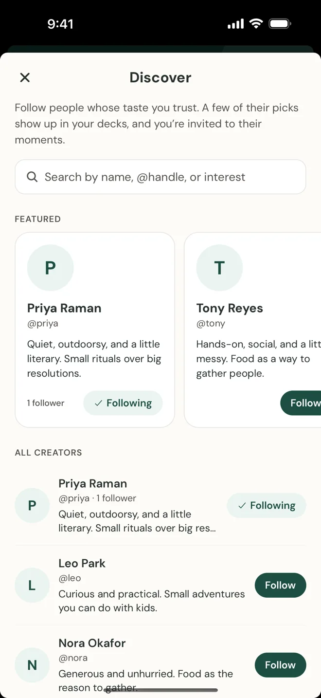 The Discover screen: a search box, featured creators with their taste in a sentence, and a list of all creators with Follow buttons