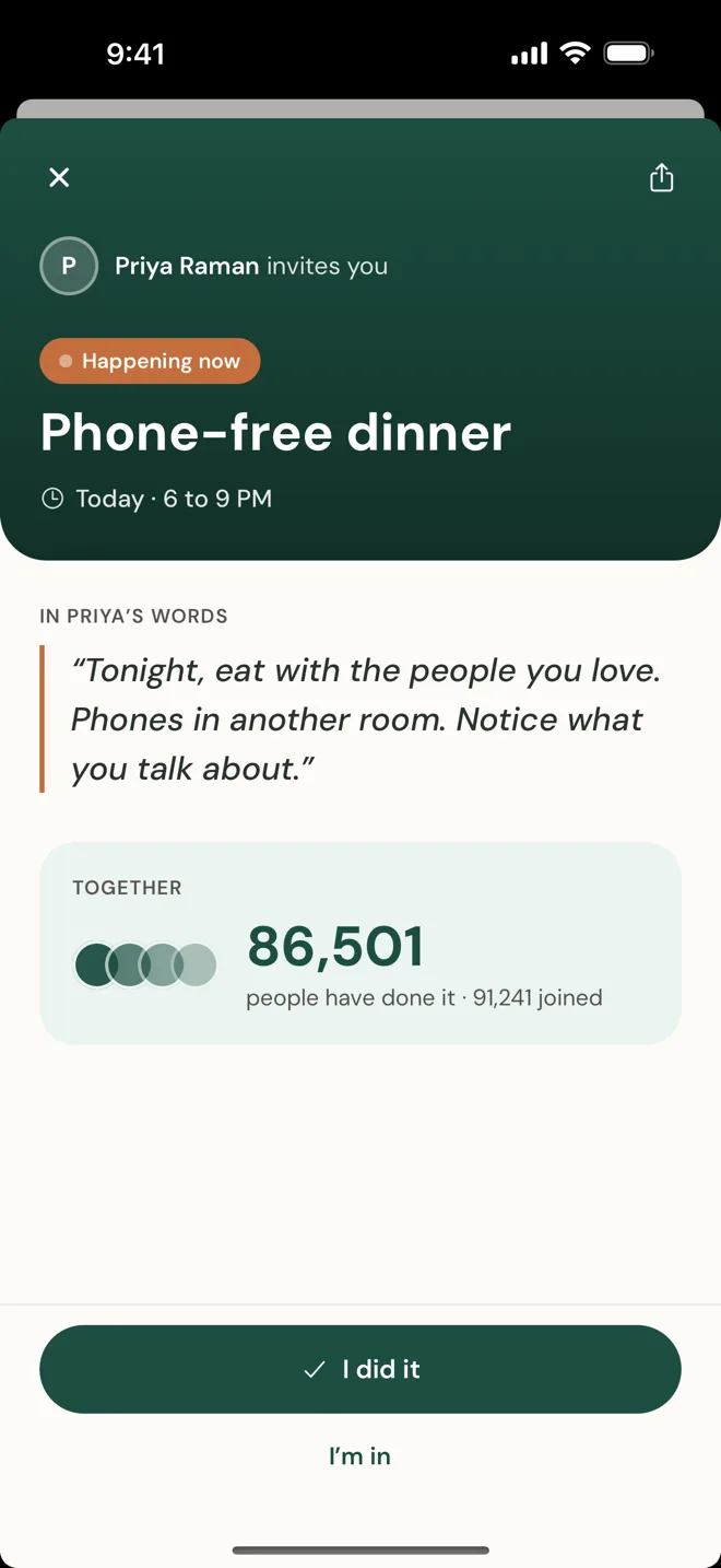 A Moment happening now: a phone-free dinner from 6 to 9 PM that 86,501 people have done, with an I did it button