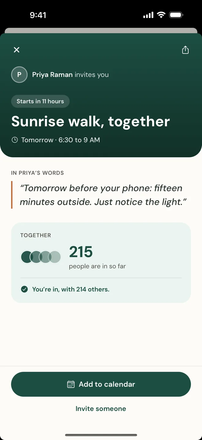 A Moment from Priya Raman: a sunrise walk tomorrow from 6:30 to 9 AM. 215 people are in so far, with an Add to calendar button